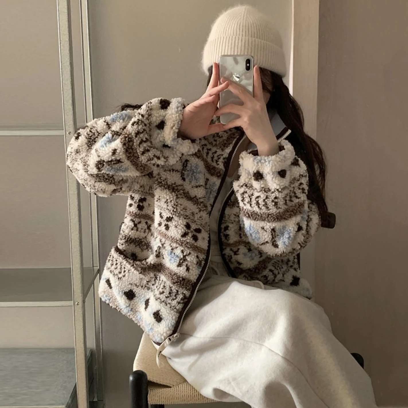 한국 스타일 겨울 아우로라 레트로 페어 아일 노르딕 스탠드 칼라 양털 안감 따뜻한 여성용 재킷