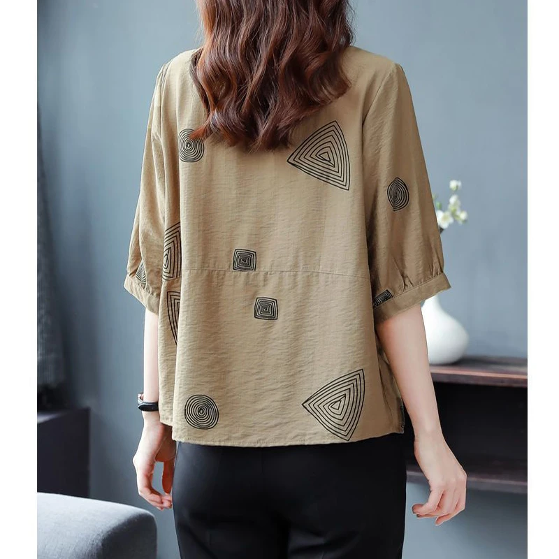 Middle Aged Women Summer Fashion Geometric Print Button Up Shirt Casual Lapel Cotton Linen Blouse Ladies Short Sleeve Loose Tops