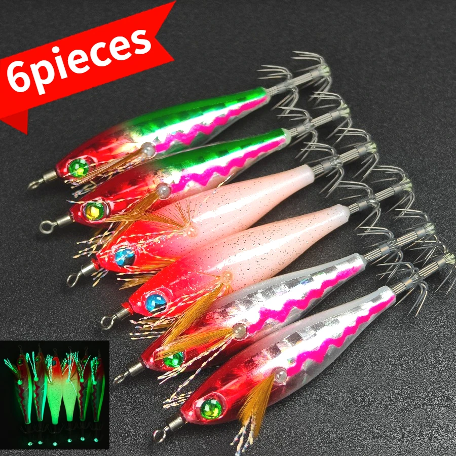 6pieces/set Luminous Egi Horizontal Egi Laser Tinsel Glow Horizontal Jig for Squid Octopus, Cuttlefish Fishing Horizontal Shrimp