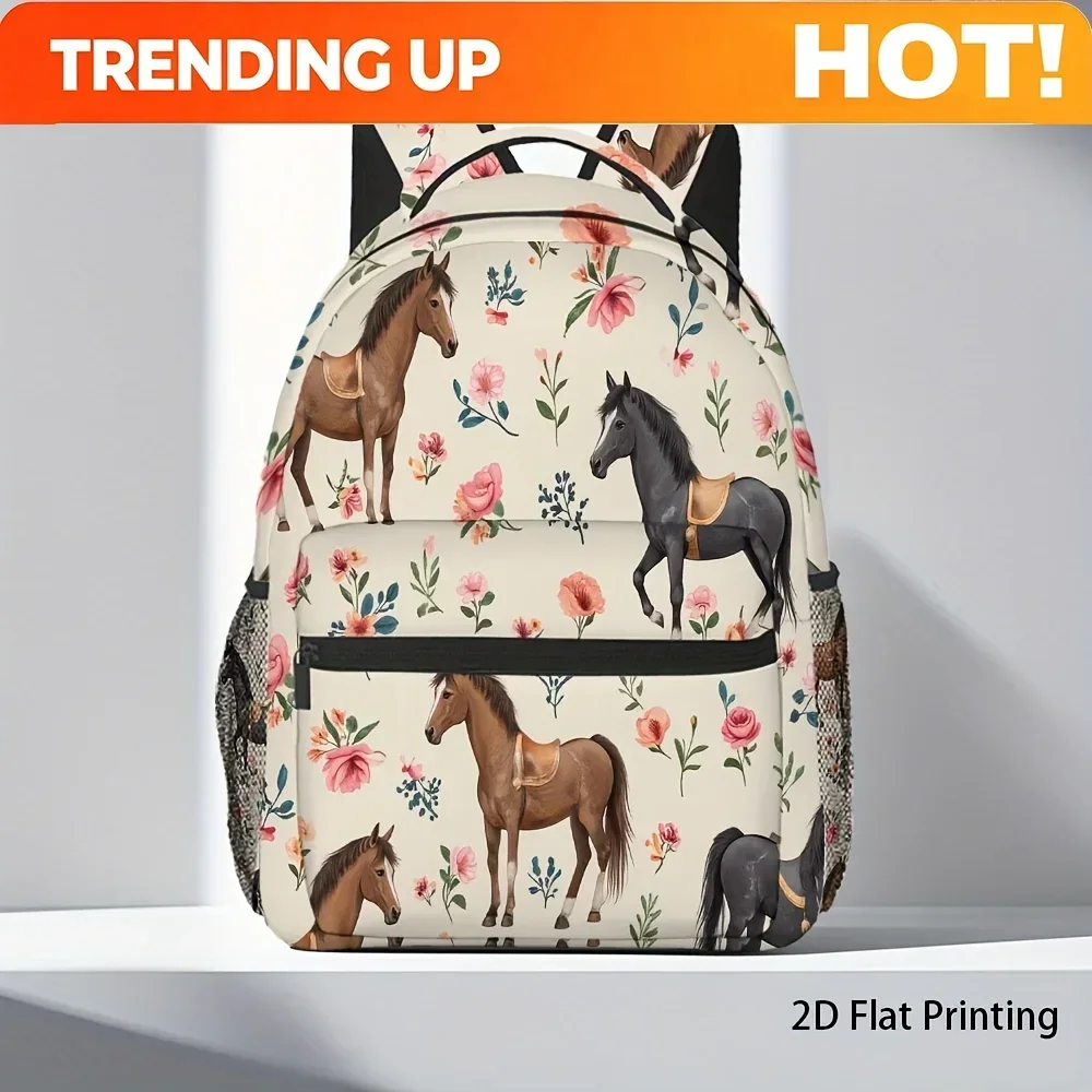 Custom Bag 1pc Vibrant Floral & Horse Print Backpack - Lightweight, Durable, Adjustable Strap, Zip Closure, Polyester Lining, Id