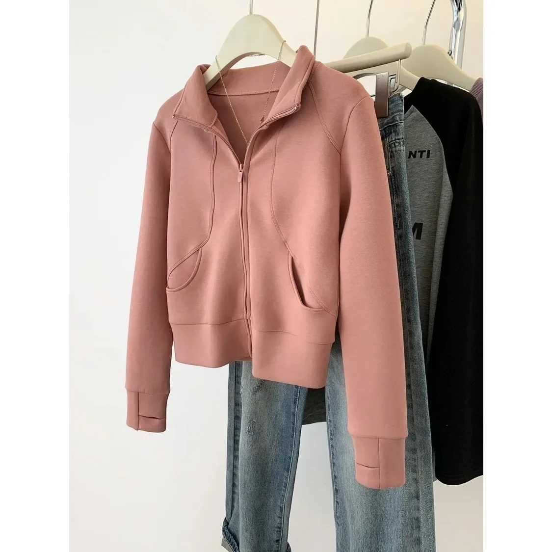 Large Standing Neck Zippered Cardigan Long Sleeved Hoodie Jacket Women Ins Loose and Versatile Top for Spring and Autumn Seasons