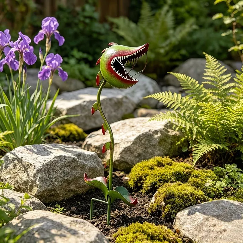 Funny Metal Venus Flytrap Garden Stakes  Red and Green Contrast Design  3D Sharp Teeth Details  Lawn and Yard Decorations