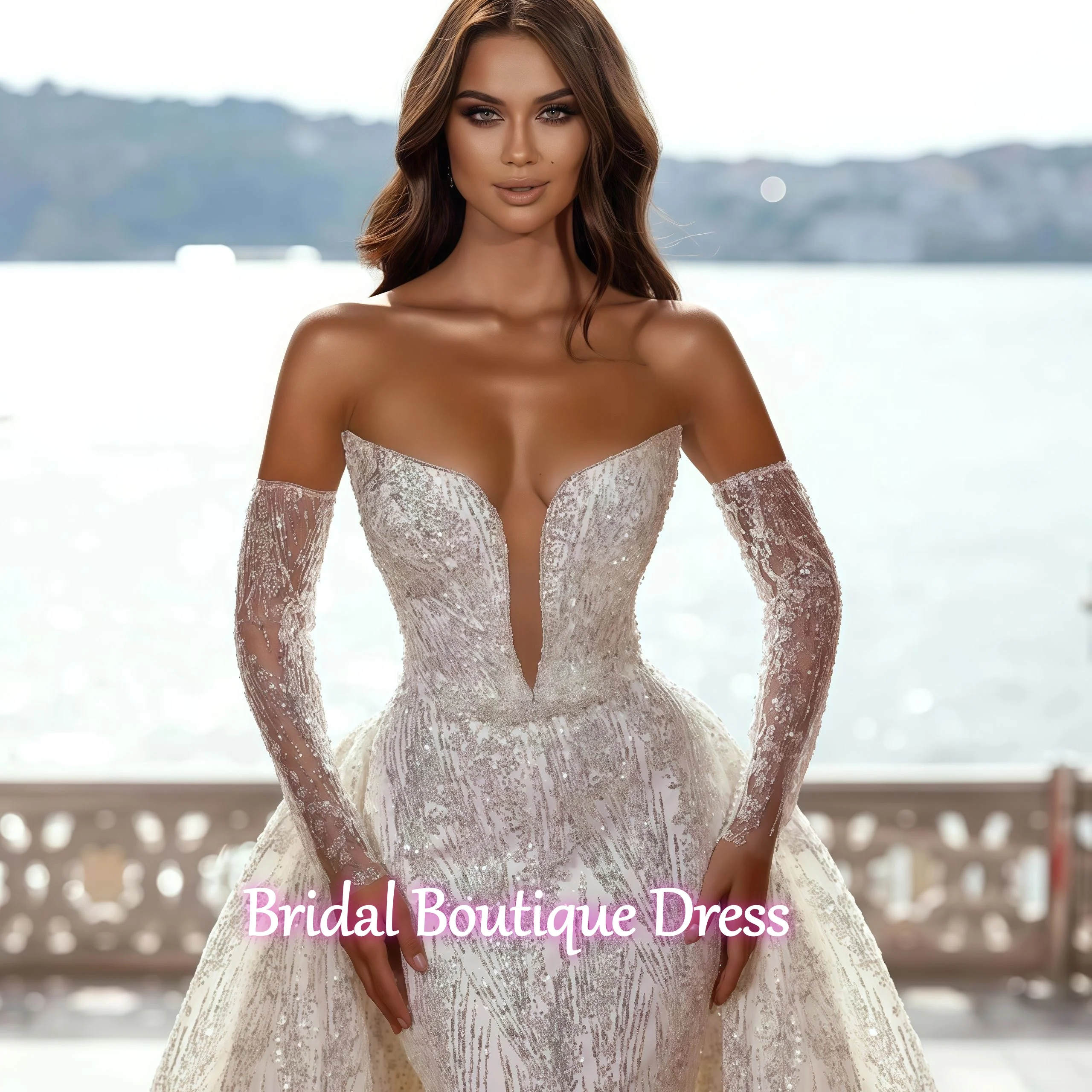 Customized Exquisite Beaded Shiny Deep V-neck Wedding Dress Detachable Robe Elegant Off Shoulder Mermaid Wedding Dress Vestido