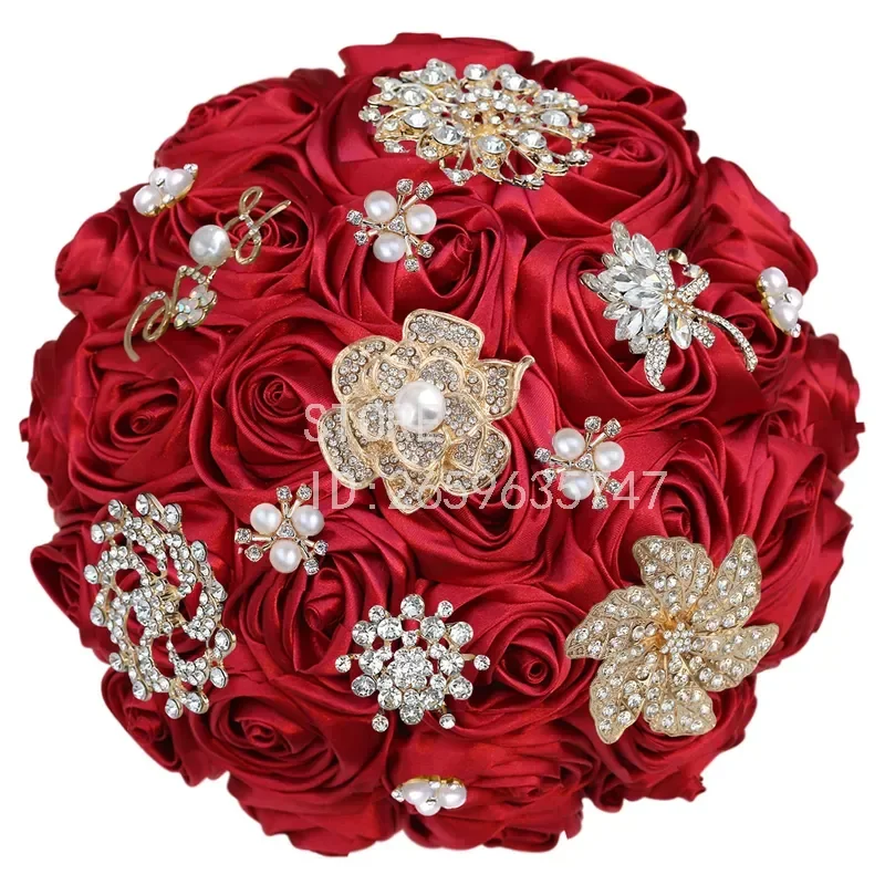 for Amazon Source European American Bride Satin Simulation Rose Bouquet Golden Rhinestone Pearl Bouquet W423