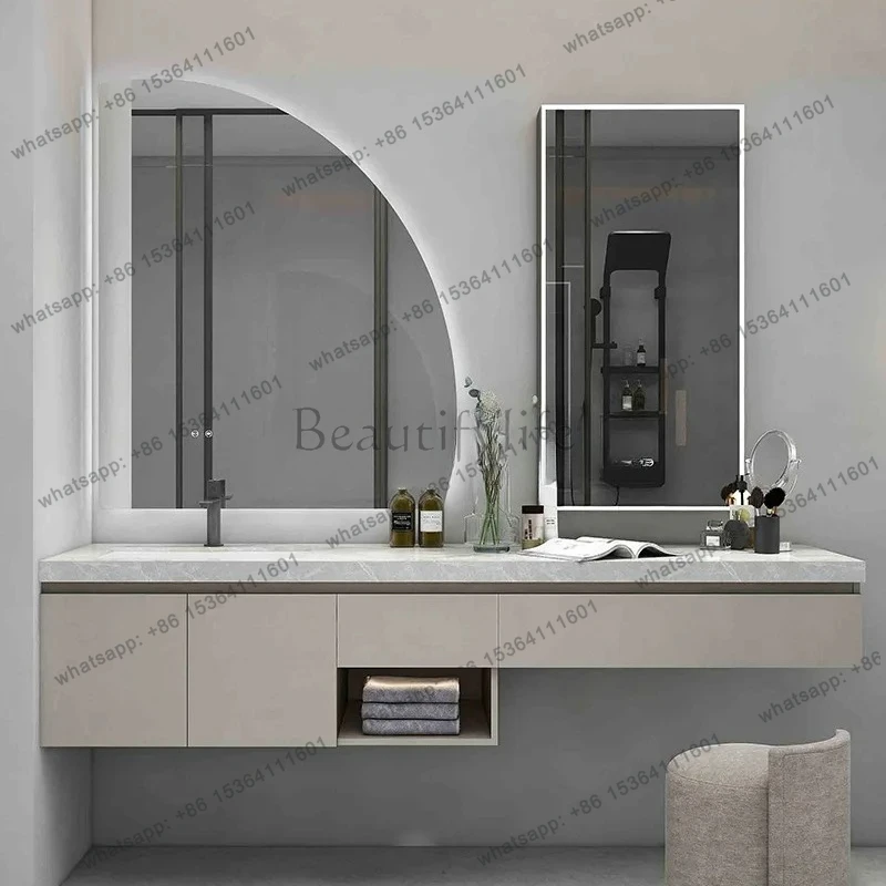 Cream Style Vanity Cabinet Makeup Bathroom  Slab Countertop Combination Wash Basin Moisture-Proof Mirror Cabinet