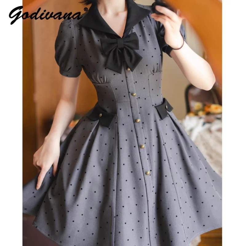 

Original New Summer Cla Bow Love Polka Dot Dress Elegant Small Lapel Ladies Short Sleeves Single Breasted Short Dresses Vestidos