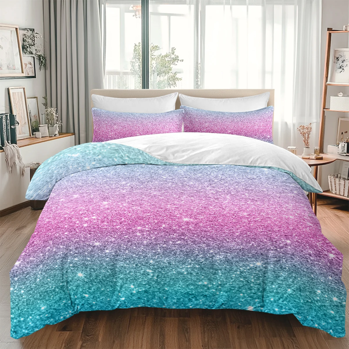 

3PCS Colorful Glitter Duvet Cover Set Girly Turquoise Blue Pink Purple Pastel Colors Trendy Bed Spreads Bedding Sets for Girls