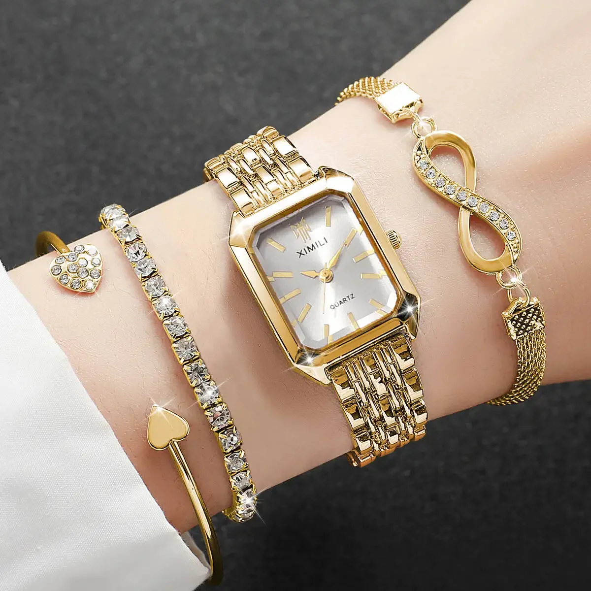 4PCS Fashion Rectangle Women Watches Luxury Stainless Steel Band Ladies Quartz Watch Rhinestone Bracelets Set Reloj Mujer