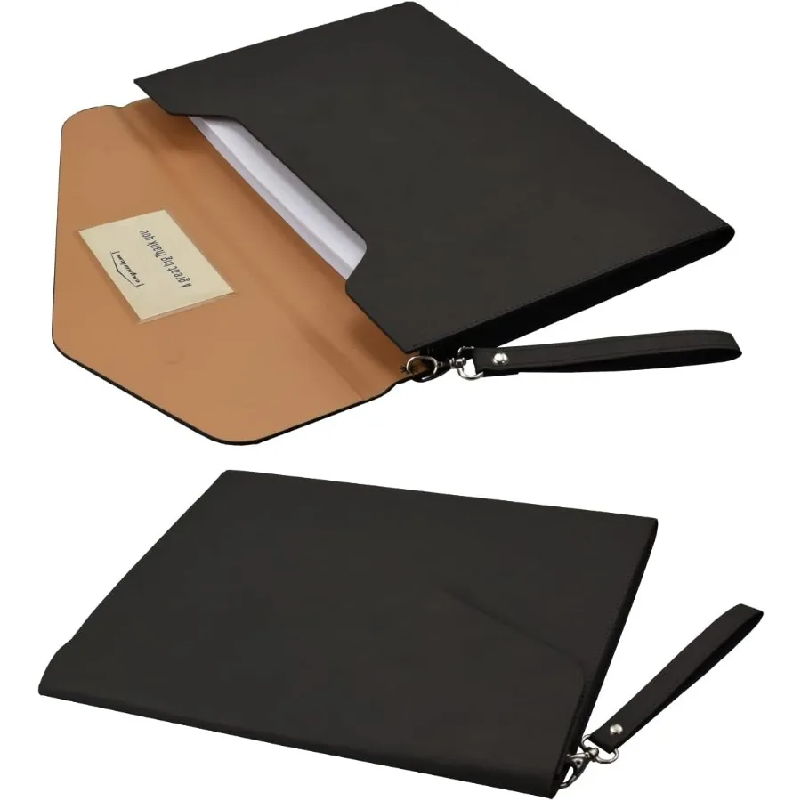 PU A4 Leather File Folder Document Holder Folder Stylish Portfolio Envelope Case with Strap and Invisible Magnetic Closure Blac