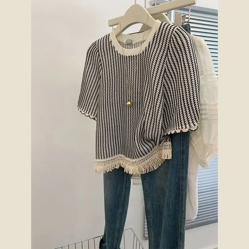 Trendy Large Size Small Fragrant Tshirt Tassel Striped Short Sleeve Contrasting T-shirt for Women Vintage Summer Loose Short Top