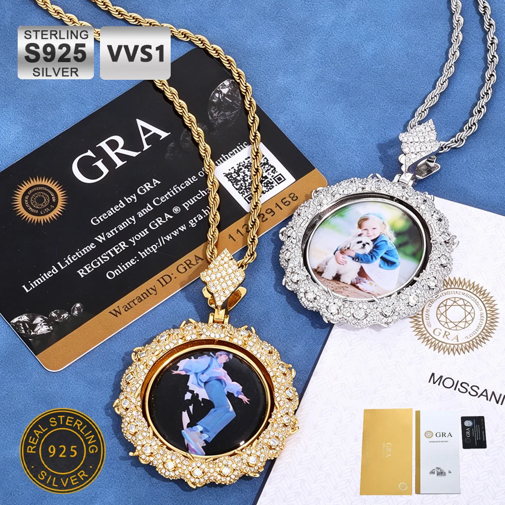 Fine 925 Sterling Silver Thorns Round Rotating Photo Pendant Necklace Iced Out VVS1 Moissanite Custom Two Picture Pendant Gifts