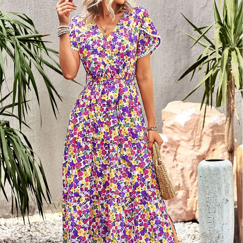 Vestido largo Vintage bohemio Floral de verano para mujer, vestido Sexy de manga corta con cuello en V para playa, vestidos informales con estampado de flores de cintura alta