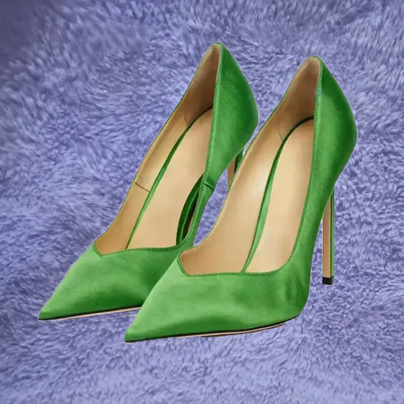 

Fruit Green Silk V-Cut High Heels Pumps Pointed Toe Women Stilettos Heel Banquet Shallow Single Shoes Zapatillas