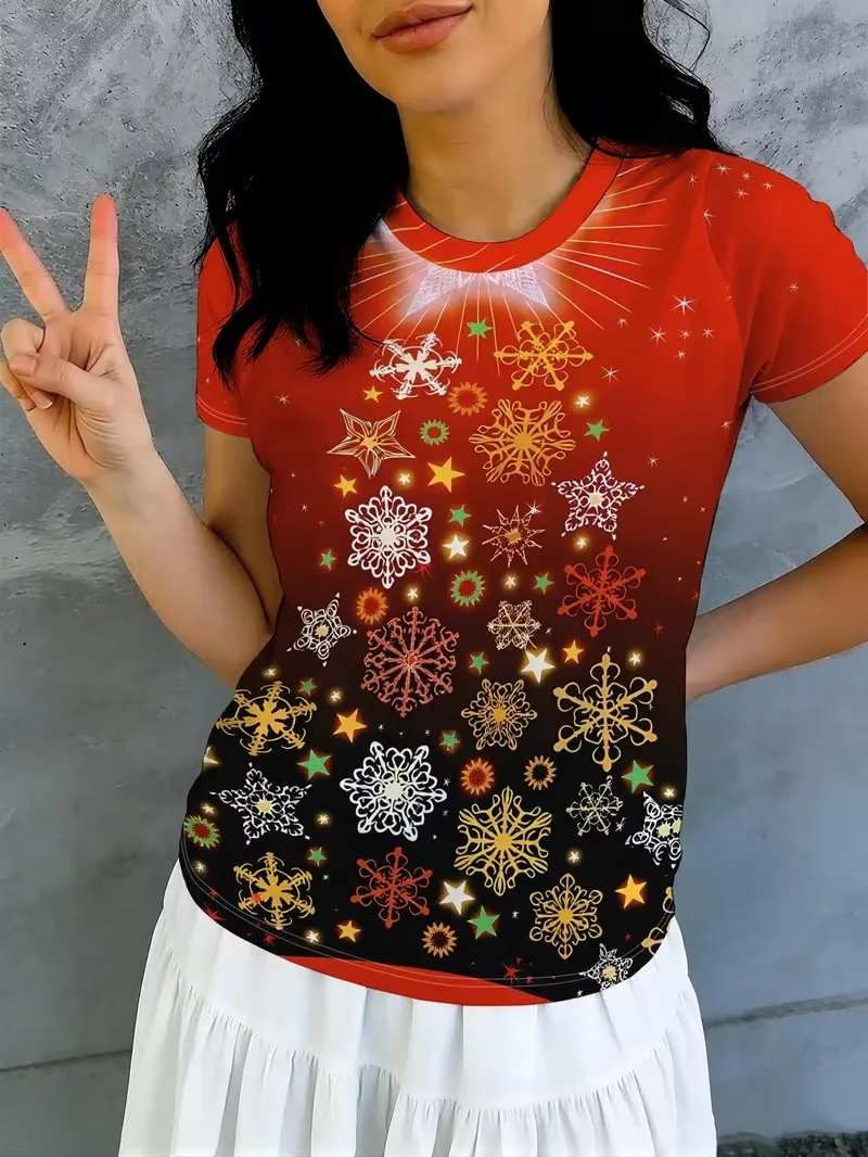 Women' Christmas Party T-shirt 3D Cute Christmas Snowman Printed Top Fashion Round neck Short Sleeved Casual Home Clothing