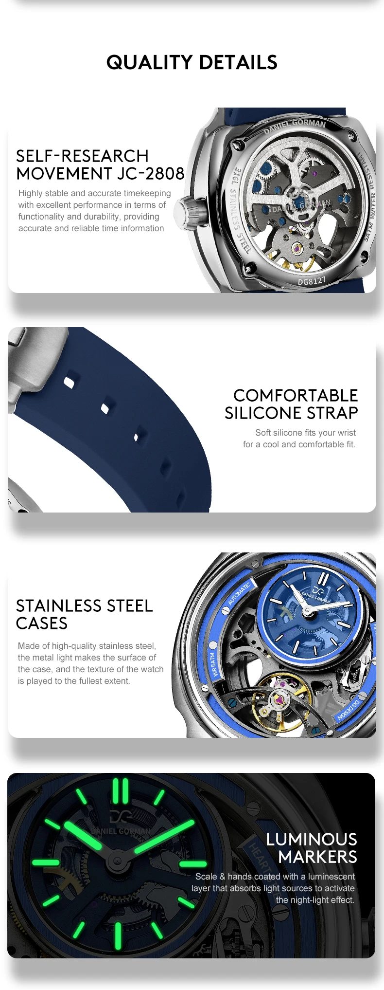นาฬิกาอัตโนมัติคุณภาพสูง ปี 2026 พร้อมสายซิลิโคนสปอร์ตทันสมัย กันน้ำ 5 ATM นาฬิกาจักรกล แดเนียล กอร์แมน