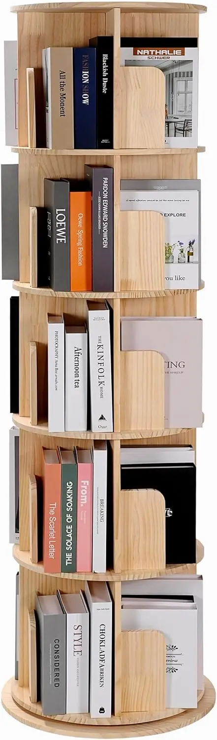 

5-Tier Rotating Corner Bookshelf, Solid Wood Space-Saving Storage Rack for Bedroom Living Room Study