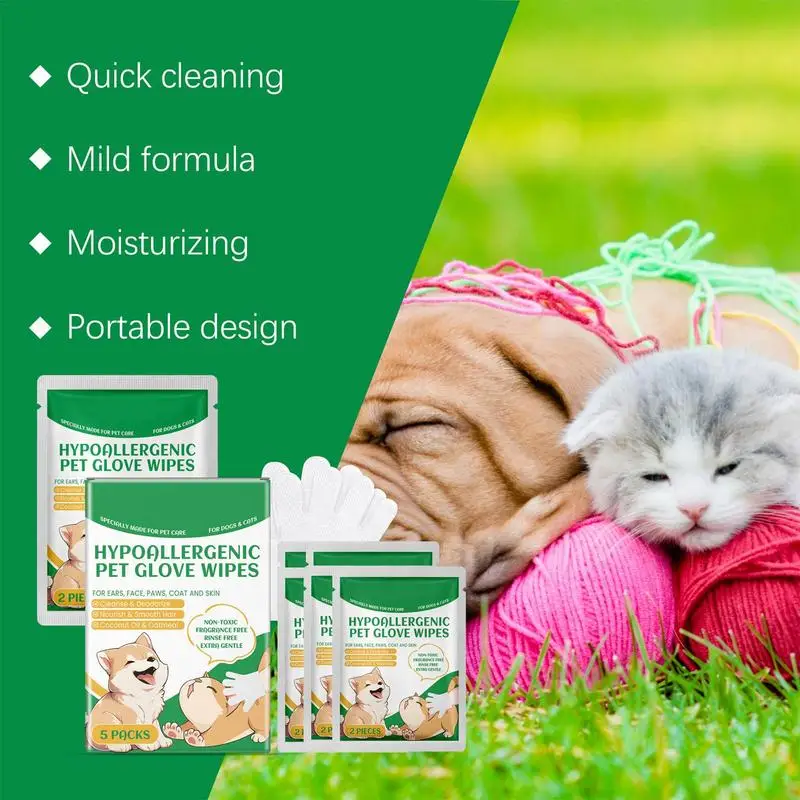 Pet Gloves Wipes Pet Bathing Wipes Cleaning Daily Care And Travel 5 Pairs Wipes For Dogs & Cats For Body Paws Butt Daily Care