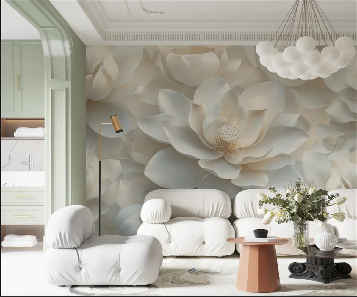 American floral mural wallpaper 3D white lotus flower white floral feather wallpaper living room TV background wall wallpaper