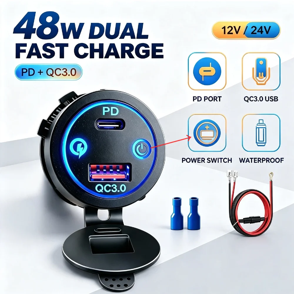 48W PD QC3.0 Dual Fast Charge Embedded Charger Socket Blue LED Ring Waterproof 12V 24V With Switch For Motorbike Truck MarineATV