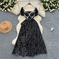 Sexy Chic Square Collar puff sleeve ruffle lace print Dress Fashion Vestidos Slim Party Club Summer  Pencil Dresses