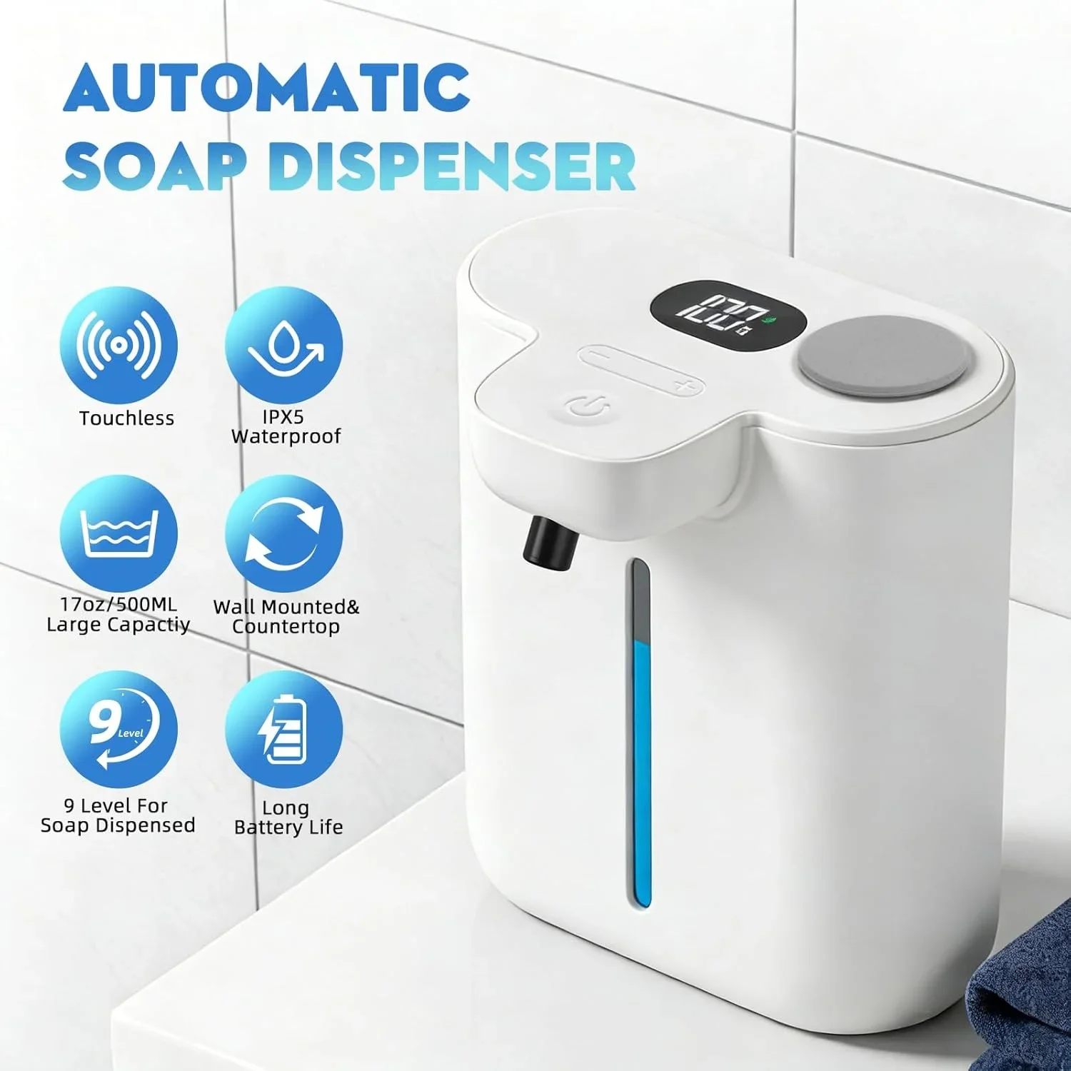 500ML HD Display 9-Levels Adjustable IPX5 Waterproof Rechargeable Automatic Smart Senor Soap Dispenser Hand Dish Washing Machine