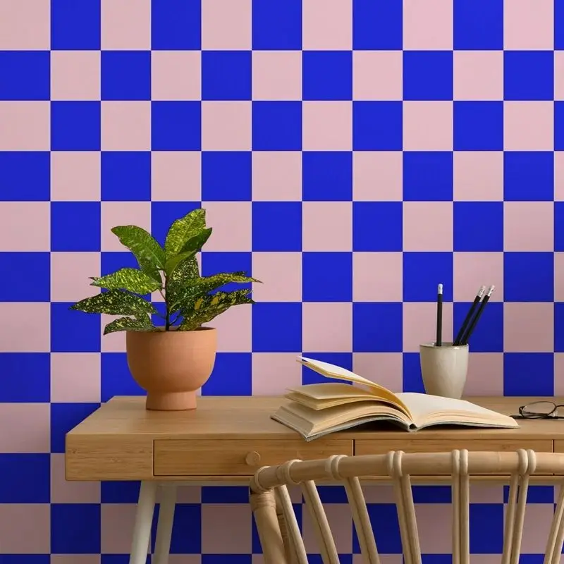 Pink And Blue Checker Adhesive Wall Wallpaper,Geometric Waterproof  Wallpaper Decoration Bedroom , Wallpapers Home Décor