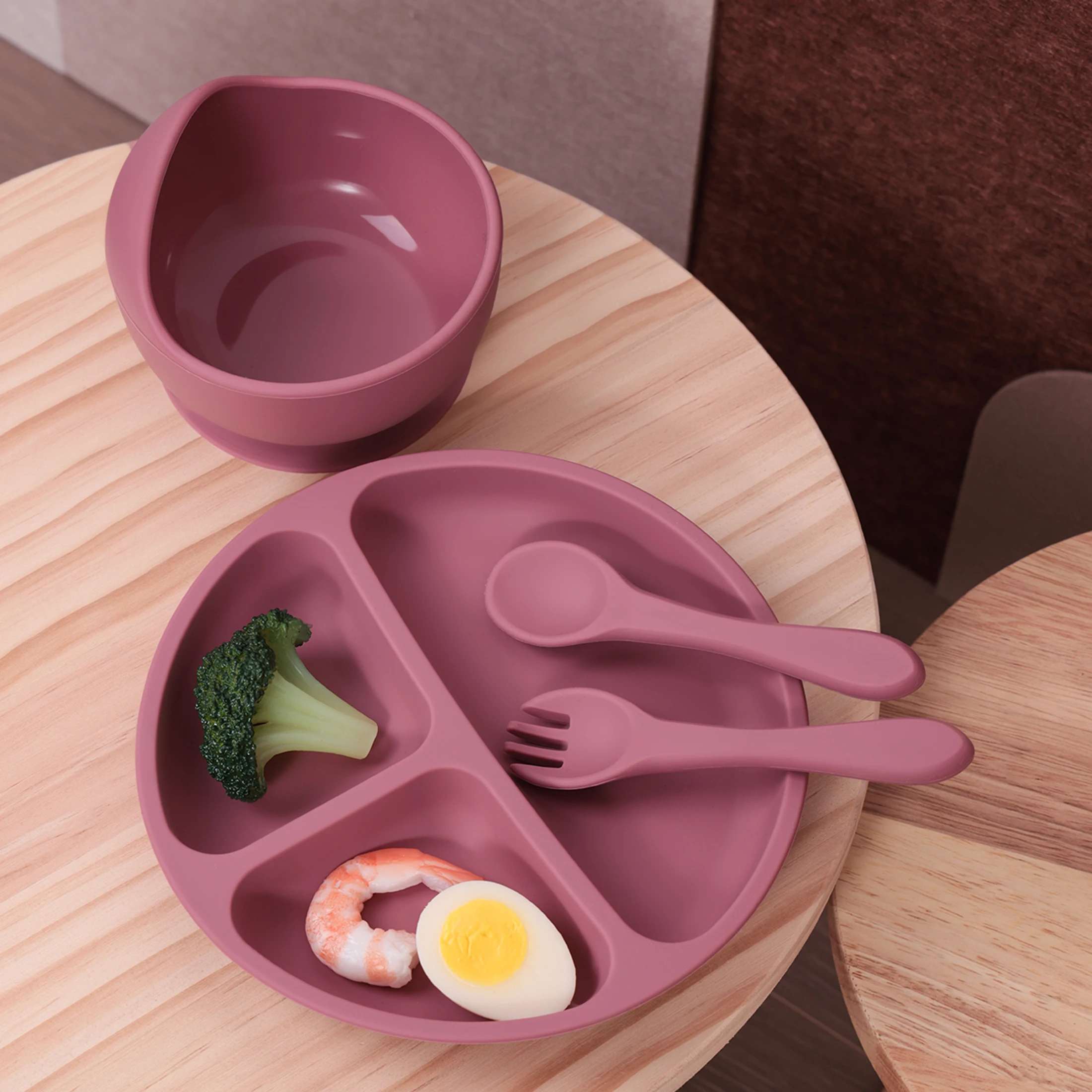 Color Kids 4PCS Silicone Baby Tableware Set Anti Slip Suction Bowl Plate Self Feeding Training Spoon Fork Toddler Utensils