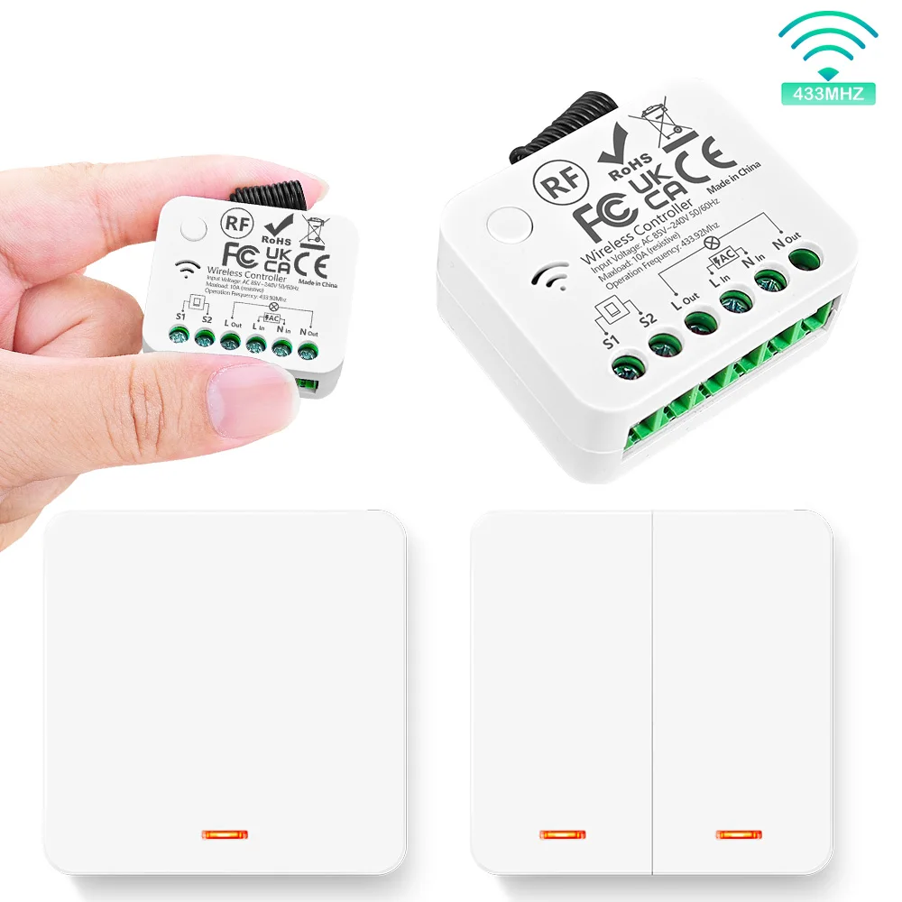 

RF 433Mhz Wireless Light Switch 86 Panel Remote Control Switch AC 110V 220V 10A 2200W Mini Relay Receiver for Lamp (S1/S2)