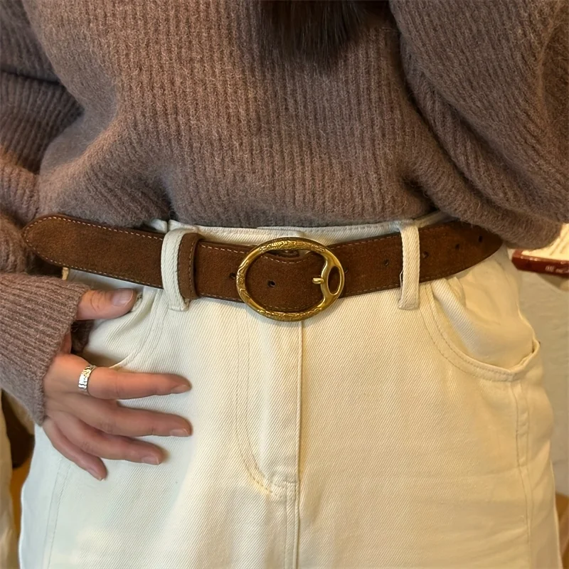 

Элегантный женский кожаный ремень в винтажном стиле, широкий пояс для джинсов, брюк, платьев, замшевый ремень из воловьей кожи с однотонной булавкой, золотой пряжкой