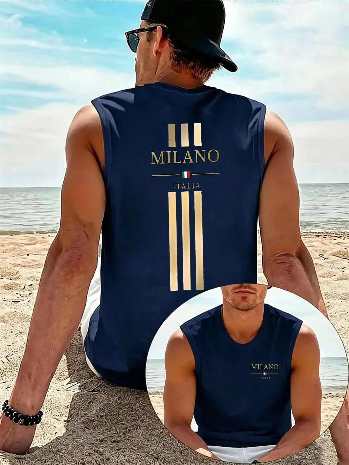Men's sleeveless vest, Milano printed casual shoulder, summer beach fitness sports men's T-shirt
