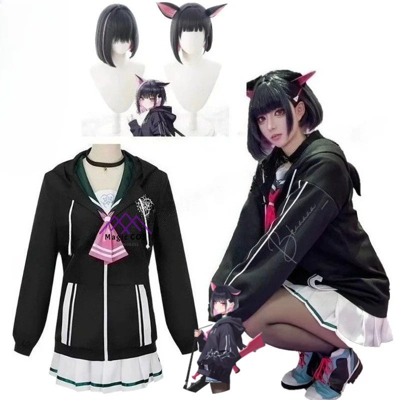 Game Blue Archive Kyoyama Kazusa Cosplay Costume Women Girl Black Hoodie Sailor Suits Skirt Wig Uniform  Halloween Carnival Suit