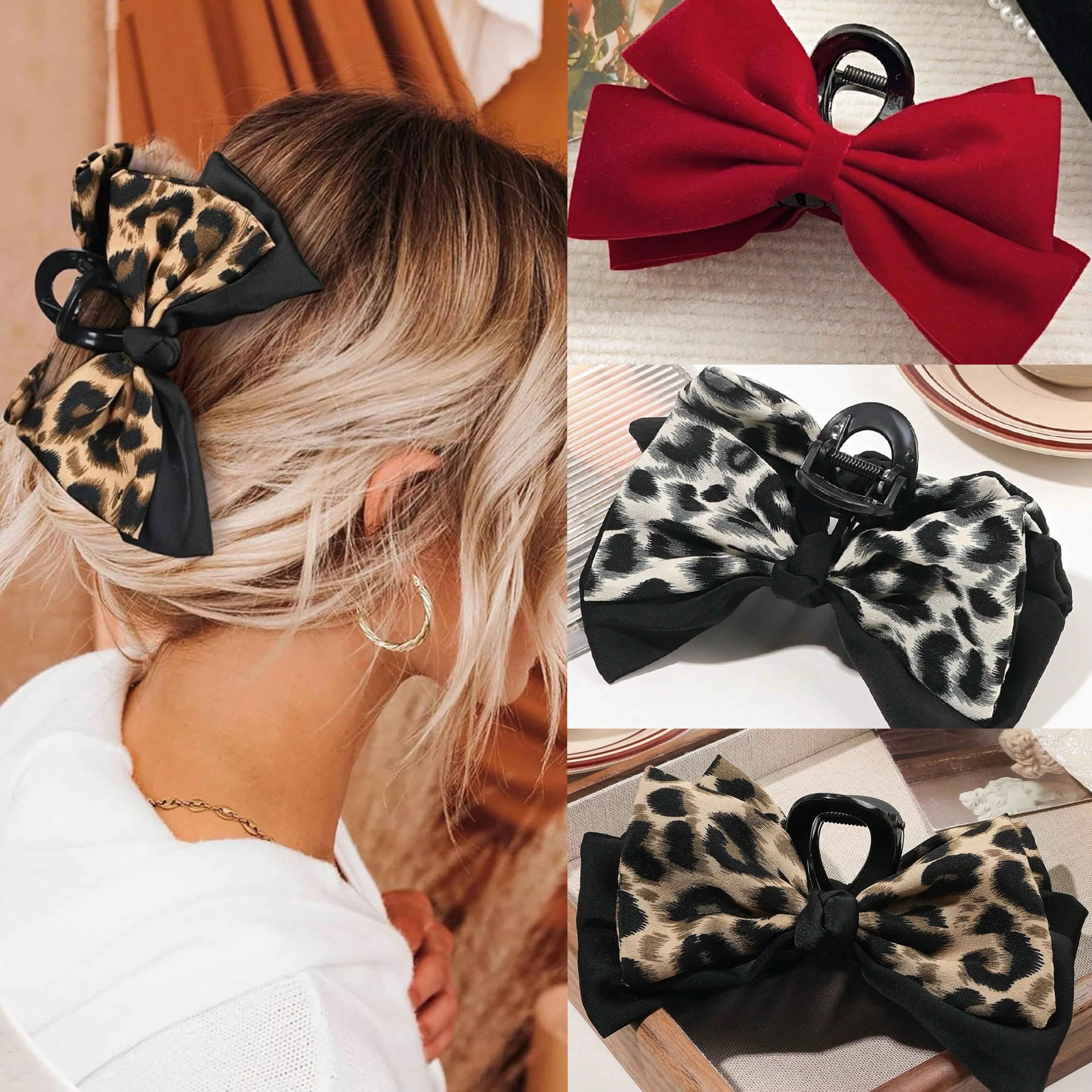 1 szt. Spinka do włosów w kształcie kokardki w panterkę dla kobiet, modne akcesoria do włosów, antypoślizgowe, do grubych i cienkich włosów, czerwone aksamitne klamry do włosów.
