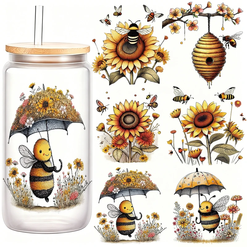 

6pcs Cartoons Plush Yellow Bee UV DTF Transfer Sticker Realistic Sunflower Adhesive Transfer Sticker Box/Cup Cute Washable Stick