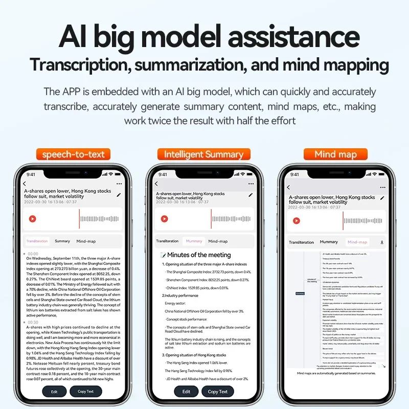 مسجل صوت صغير بالذكاء الاصطناعي لمدة 70 ساعة 8-128 جيجابايت للحد من الضوضاء الرقمية في الوقت الحقيقي ملخص خريطة العقل نسخة الترجمة مسجل التطبيق