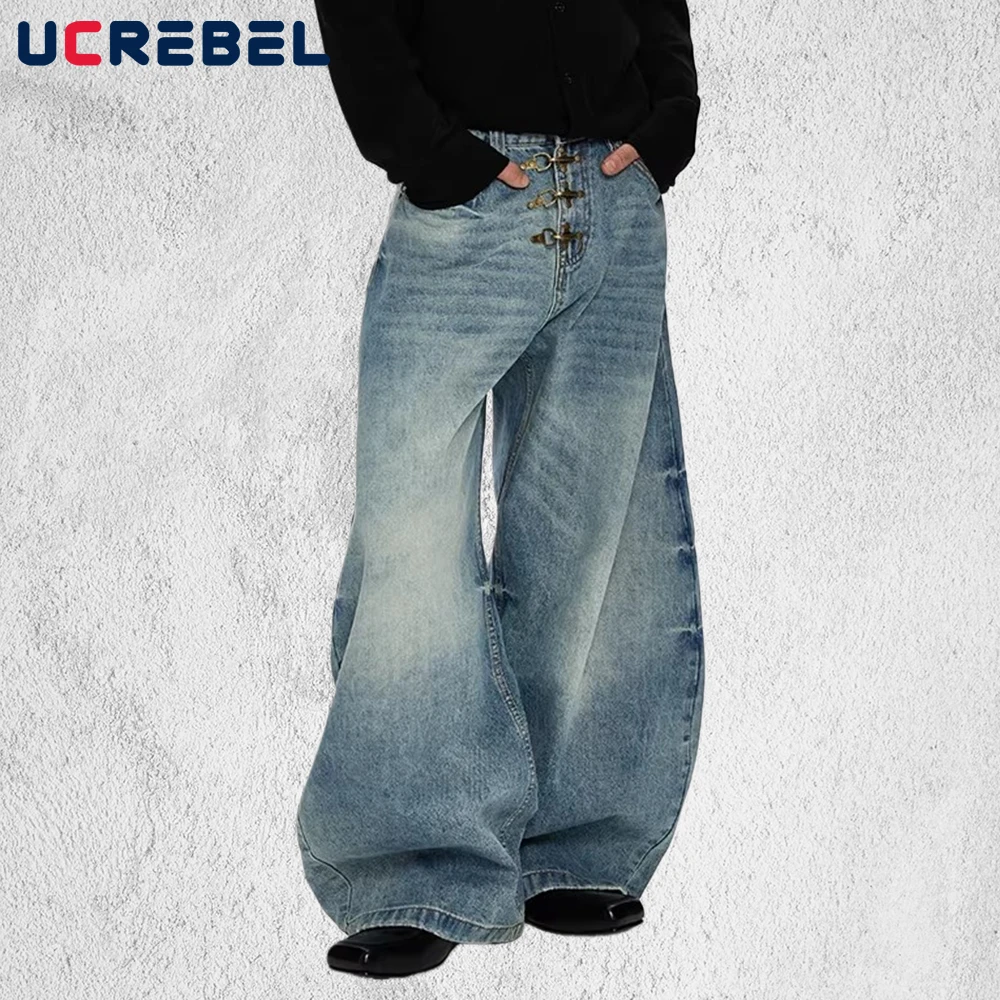 

Джинсы-бананы с украшением на пуговицах, мужские рваные ретро уличные потертые мешковатые широкие джинсовые брюки, мужские