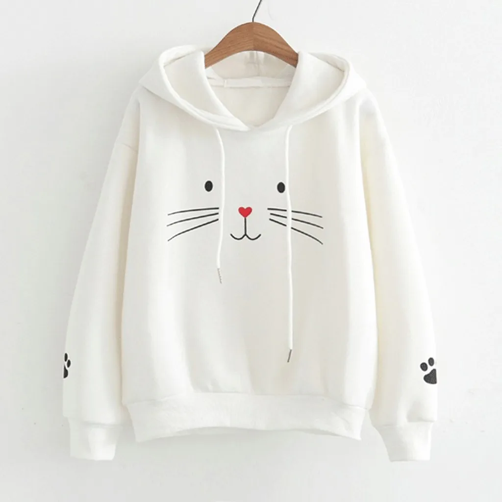 Dames Schattige Kat Hoodies Japanse Printe Sweatshirt Losse Straat Ronde Hals Pullovers Lange Mouw Herfst Winter Top Halloween