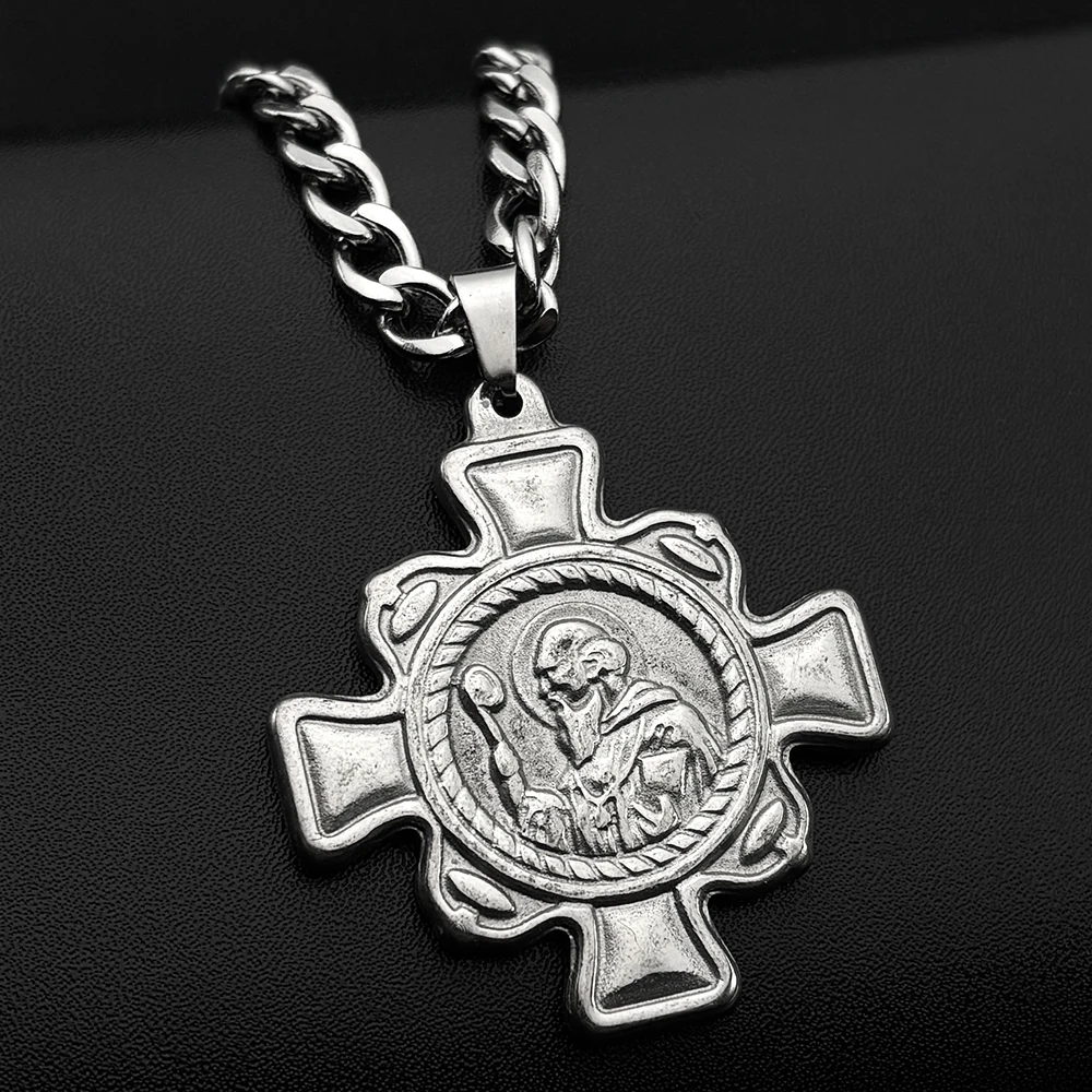 سانت بنديكت طارد الأرواح الشريرة رمز الصليب قلادة قلادة النساء الرجال التيتانيوم الفولاذ المقاوم للصدأ الفضة اللون الكاثوليكية سلسلة مجوهرات #2