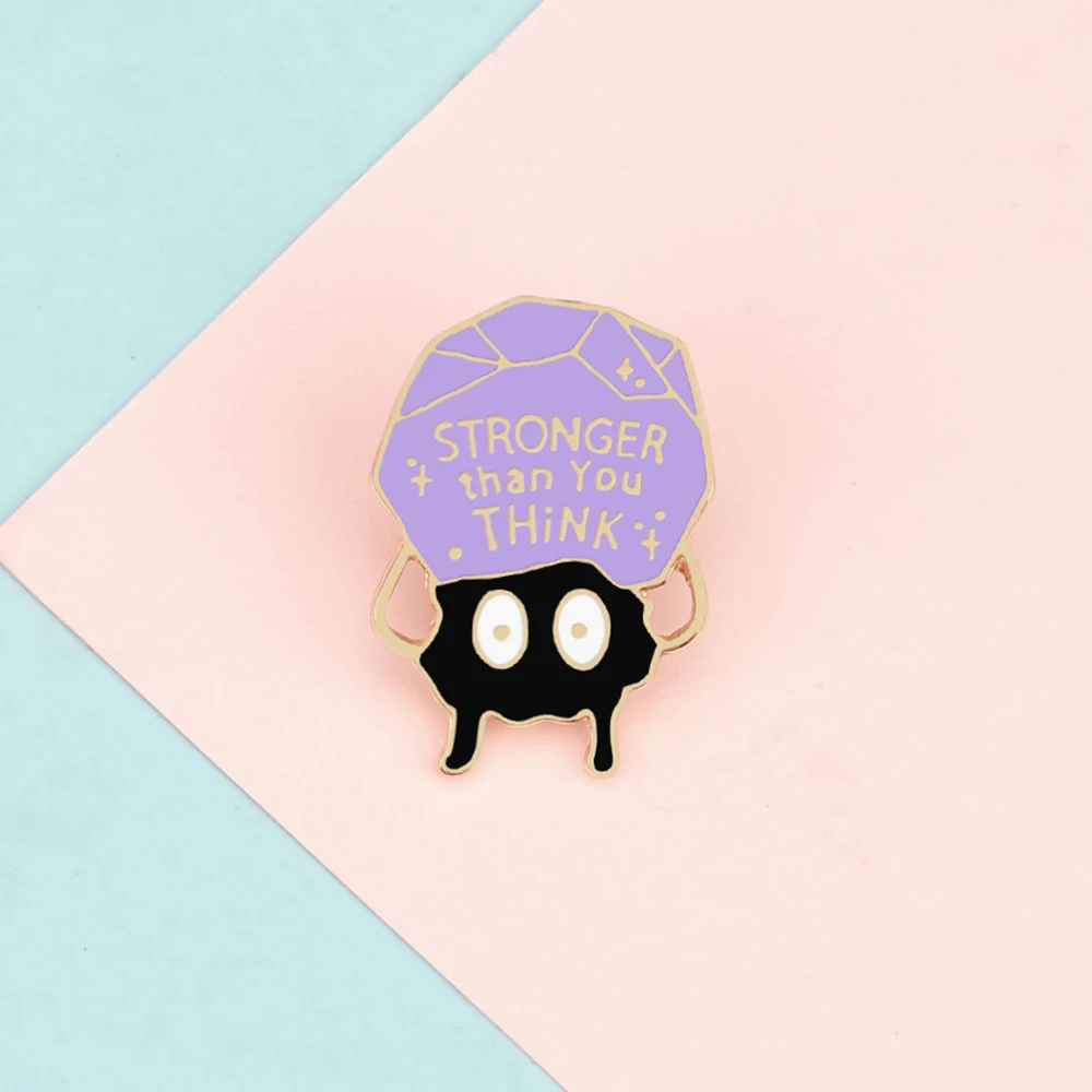 Cartoon Anime Dust Elf Enamel Lapel Pins Soot Sprite Badge Positive Quotes 'Stronger Than You Think' Metal Brooches Kids Jewelry