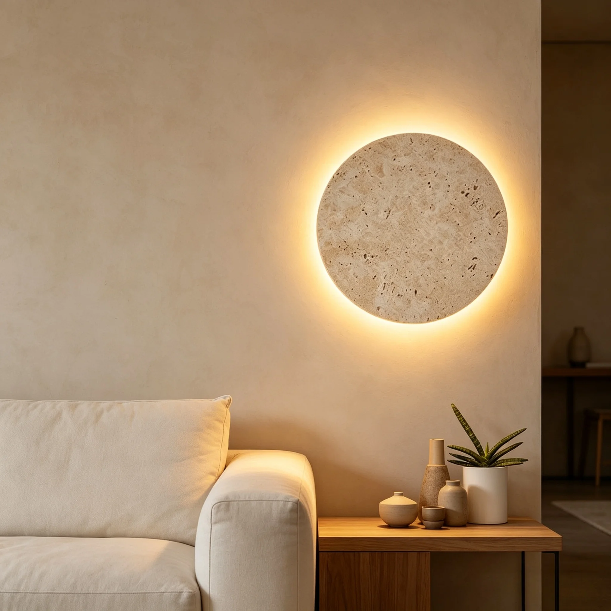 Wabi-Sabi Rustic Yellow Travertine Wall Light, Natural Stone LED Wall Sconce Lamp for Bedroom Bedside, Aisle, Stair Home Decor