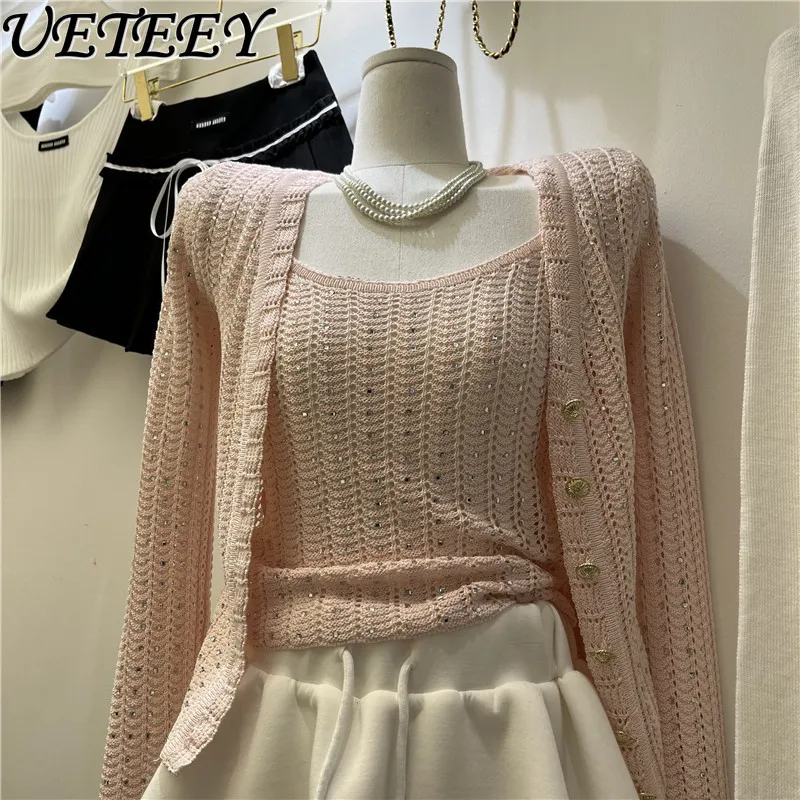 

2026 Spring/summer New Slimming Versatile Heavily Embellished Hotfix Rhinestone Knit Cardigan and Camisole Two-piece Set
