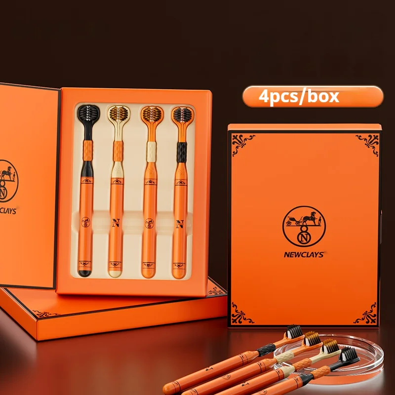 4-piece gift box set of three-sided toothbrushes, wrap-around soft bristles for efficient cleaning, designed for deep cleaning and gentle on gums, suitable for sensitive gums, high-end gift box packaging, ideal for home use, couples' sets, a must-have gift item