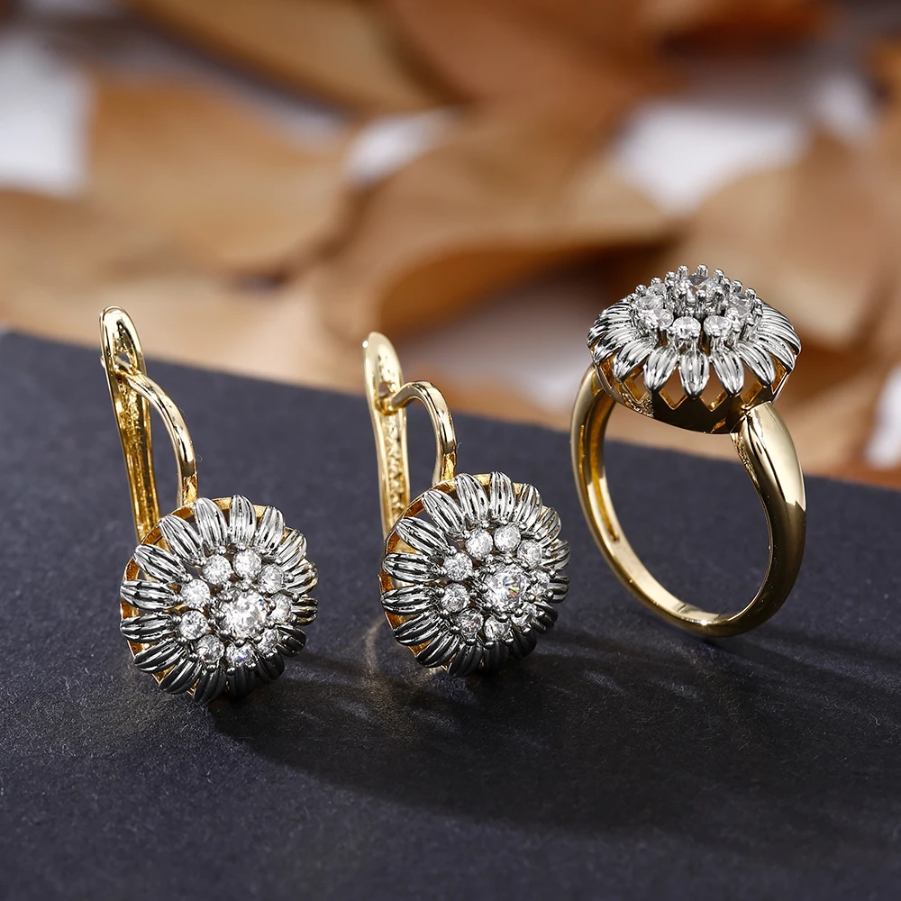 Vintage Petal Design Inlaid Zircon Ring Earrings Three-Piece Set Fashion Jewelry Party Holiday Gifts Luxury Two-Color Set