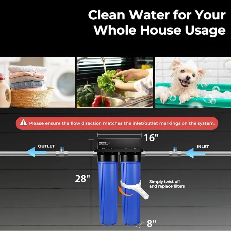iSpring System filtrów do wody w całym domu, zmniejsza skalę, chlor korozyjny, smak, zapach, 2-stopniowy odkamieniacz wody i filtr wody