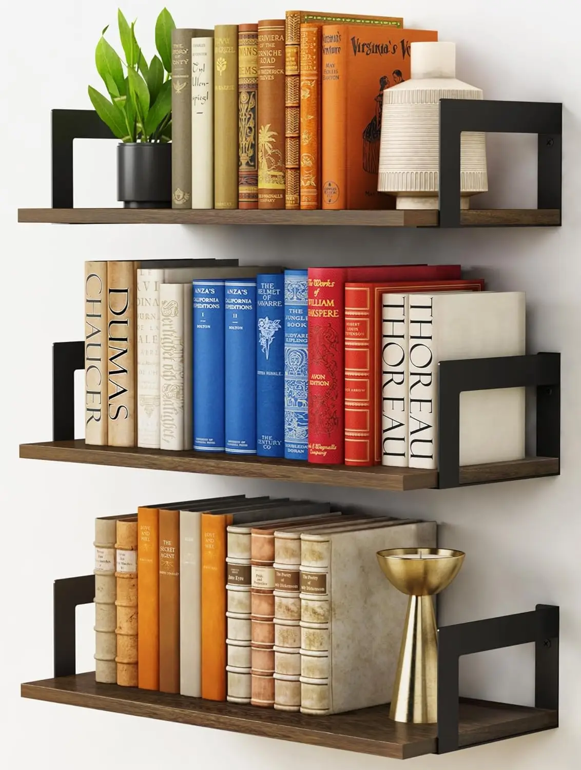 

Floating Book Shelves for Wall Set of 3, 17 x 8 Inch Deep Wooden Wall Bookshelf for Bedroom Office, Rustic Wood Hanging