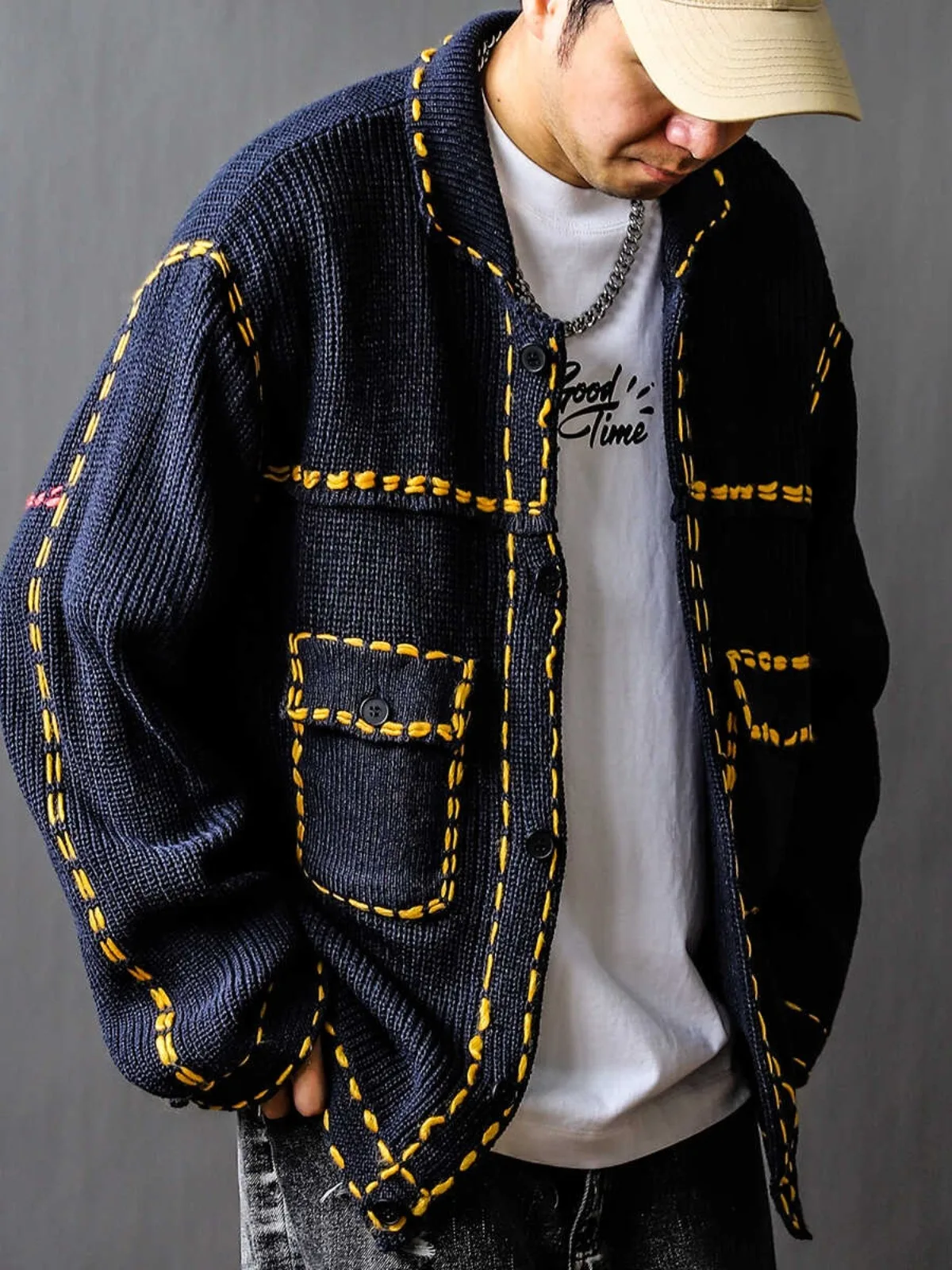 الصناعة الثقيلة الأمريكية الرجعية الرجال فضفاضة كبيرة معطف غير رسمي الربيع والخريف طوق سترة محبوكة