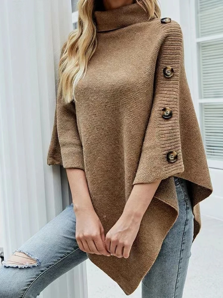 2025 Autumn Winter Shawl Cloak Sweater Solid Color Turtleneck Oversized Cape Coat Female Ponchos Pullover Knitted Bat Sleeve Top