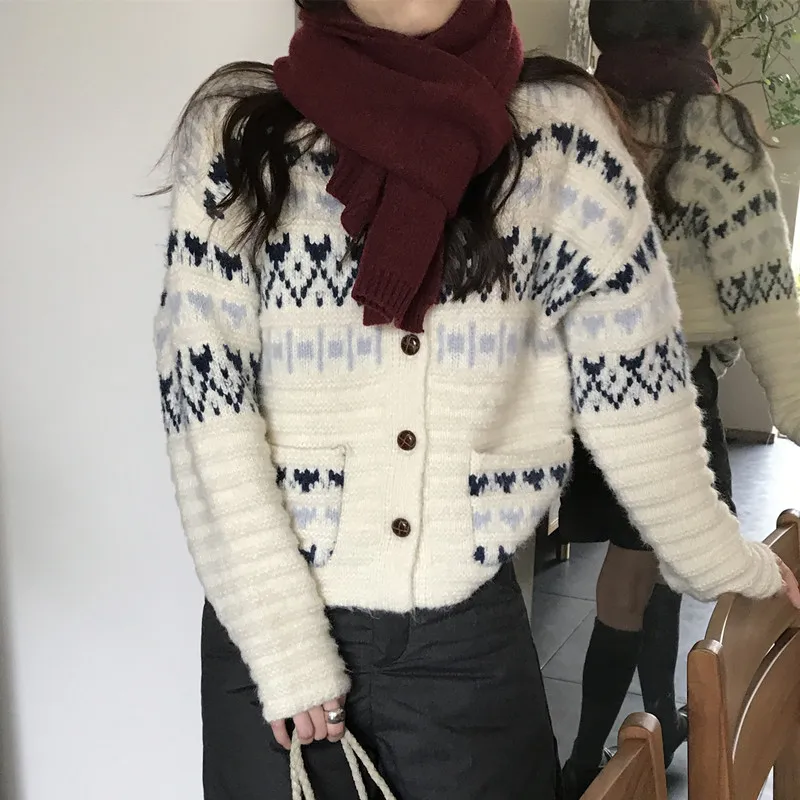 

Женский вязаный шикарный осенне-зимний свитер Fair Isle Color Blo, трикотаж, кардиган на одной пуговице, длинный свек для поездок на работу
