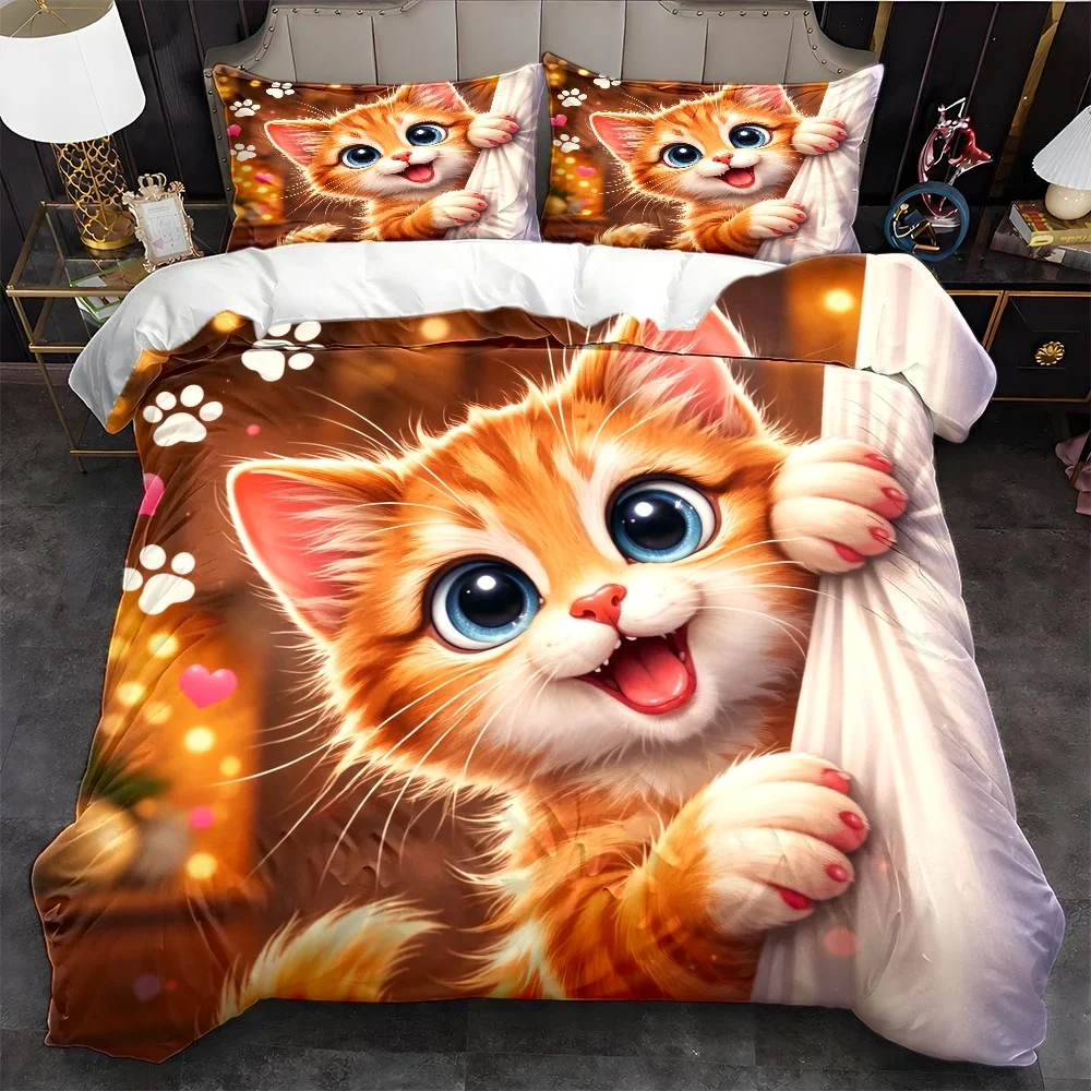3Pc Cute Orange Cat Print Duvet Cover Set, Three-Piece Bedding Set (1*Duvet Cover + 2*Pillowcases), Suitable for All Seasons, Machine Washable, Invisible Zipper Design, Large Double Bed Cover Set, Suitable for Home, Dorm, Master Bedroom, Guest Room, Cartoon Cute Cat Bedding, Soft and Skin-Friendly Bedding, Hot-Selling Bedroom Bedding Set, Cozy and Healing-Inspired Bedding Set, Fashionable and Cute Style Duvet Cover Set, Comfortable Sleep Bedding Set, Multi-Scene Use