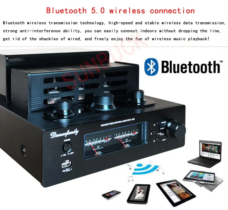 SUNBUCK 2.0 Stereo 100W+100W High Power Coaxial Fiber Bluetooth 6H3N HIFI Vacuum Tube Amplifier Audio