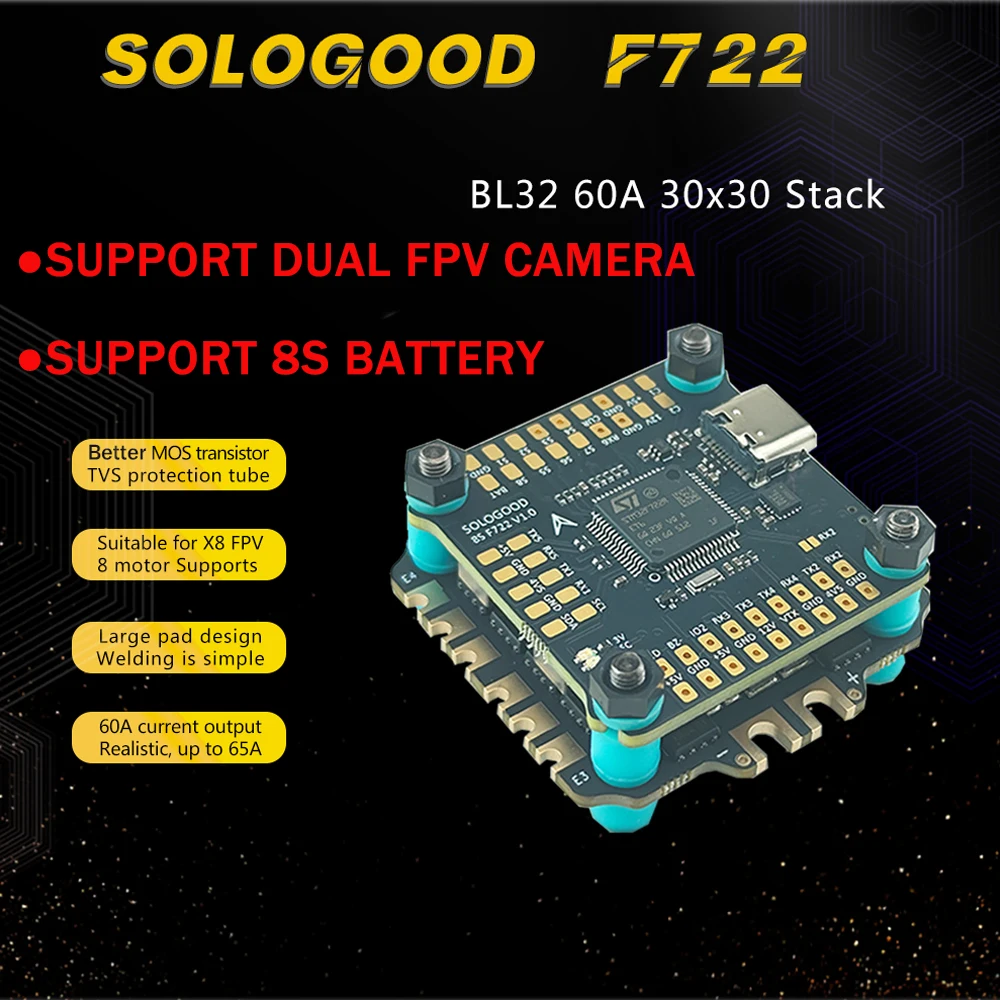 SoloGood F722 60A 8S Stack ICM42688P Support Dual FPV Camera 8S Battery 30.5X30.5mm 3-8S for FPV Drone